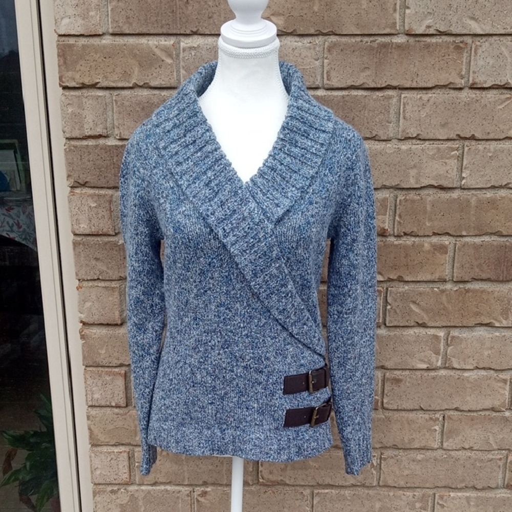 Tribal Blue Cowl Neck Sweater with Buckle Accents